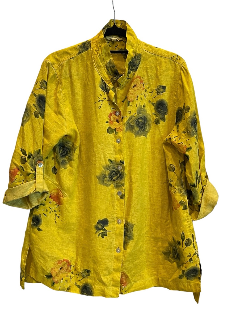 John Mark sunflower yellow Floral Button-Up Linen Shirt